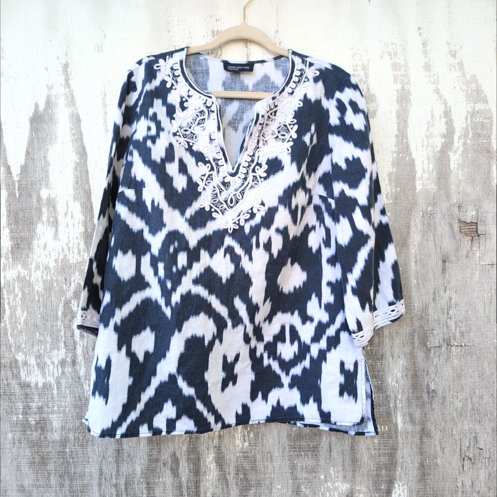 Jones New York 100% Linen Ikat Coastal Beachy Boho Tunic Women's Large